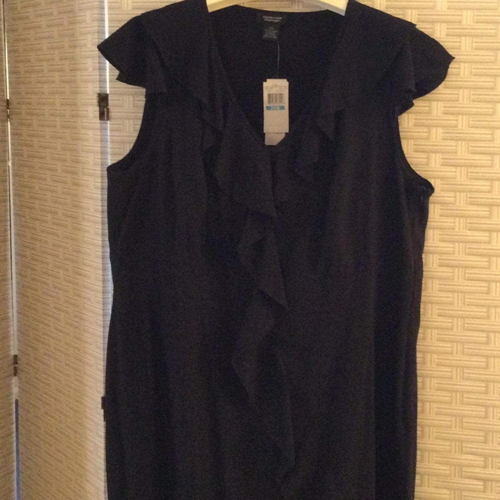 Black dress with side zipper and ruffle front.